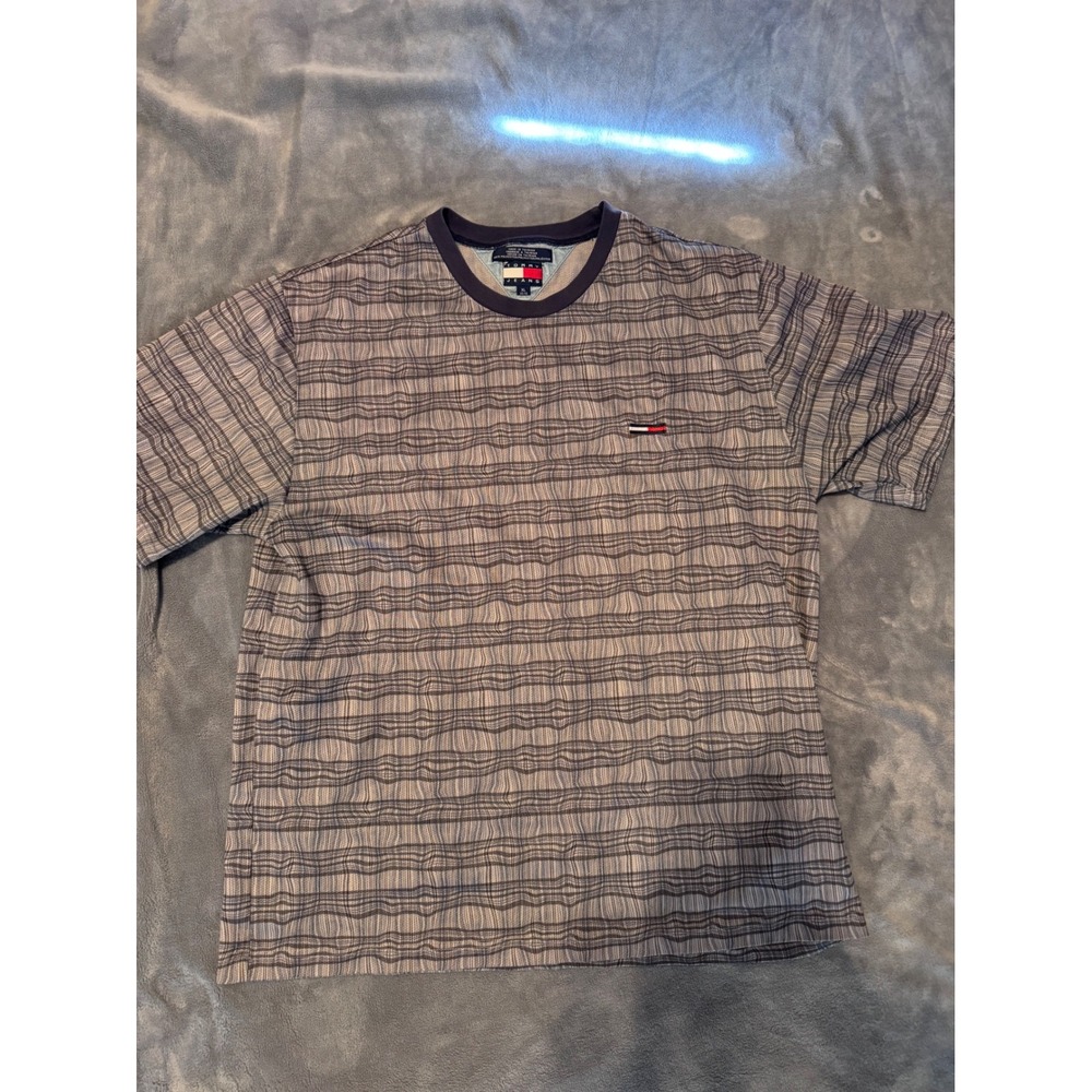 Vintage Tommy Jeans Mens XL Wavy Grid Print T-Shirt Grey Blue 90s Streetwear